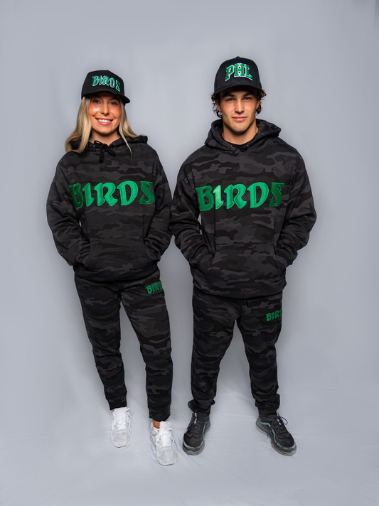 Black Retro Camo Joggers with Sewn-On BIRDS