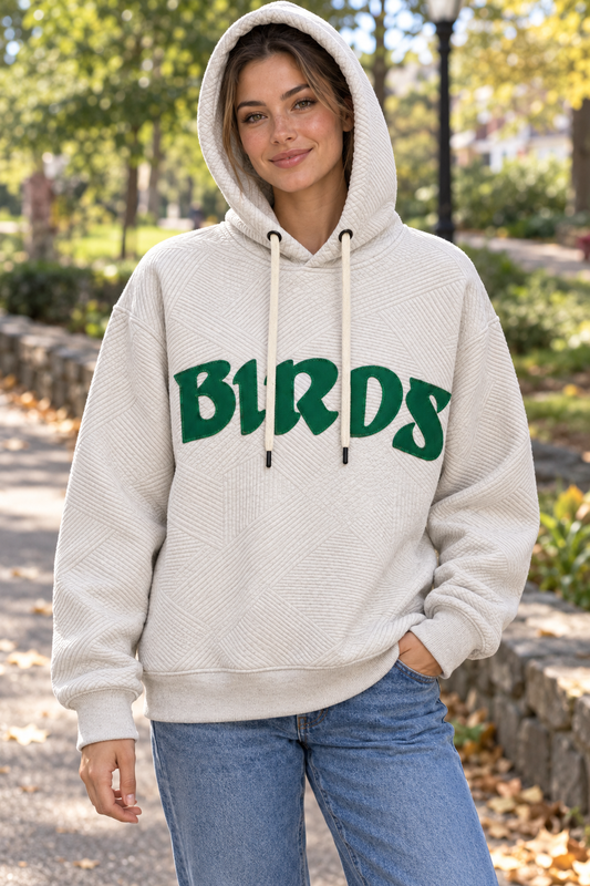 Oatmeal Retro Artisan Hoodie with Sewn-On BIRDS