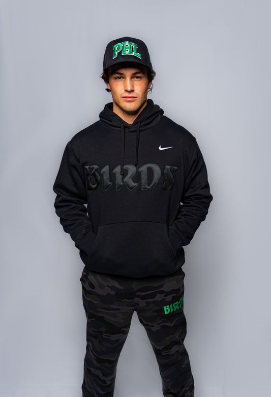 All Black Retro Nike Hoodie with Sewn-On BIRDS