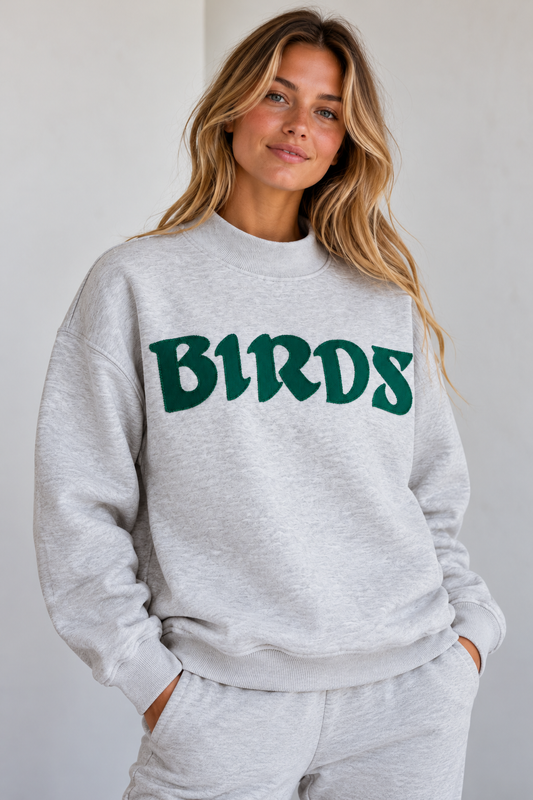 Women's Grey BIRDS Oversized Mock Neck Crew with Forest Green Twill Lettering