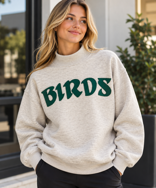 Women's Oatmeal BIRDS Oversized Mock Neck Crew with Forest Green Twill Lettering