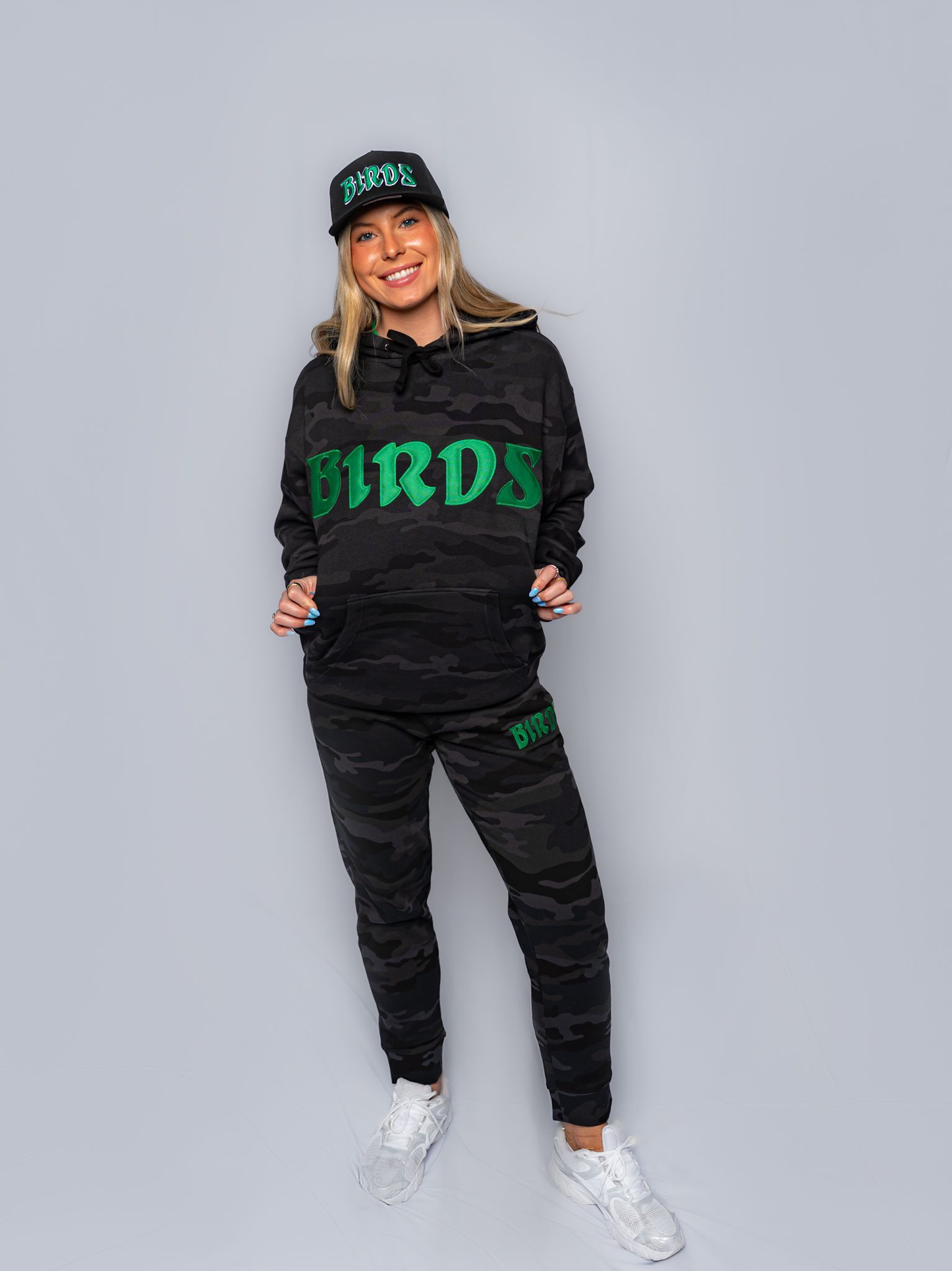 Black Camo Hoodie with Sewn-On BIRDS