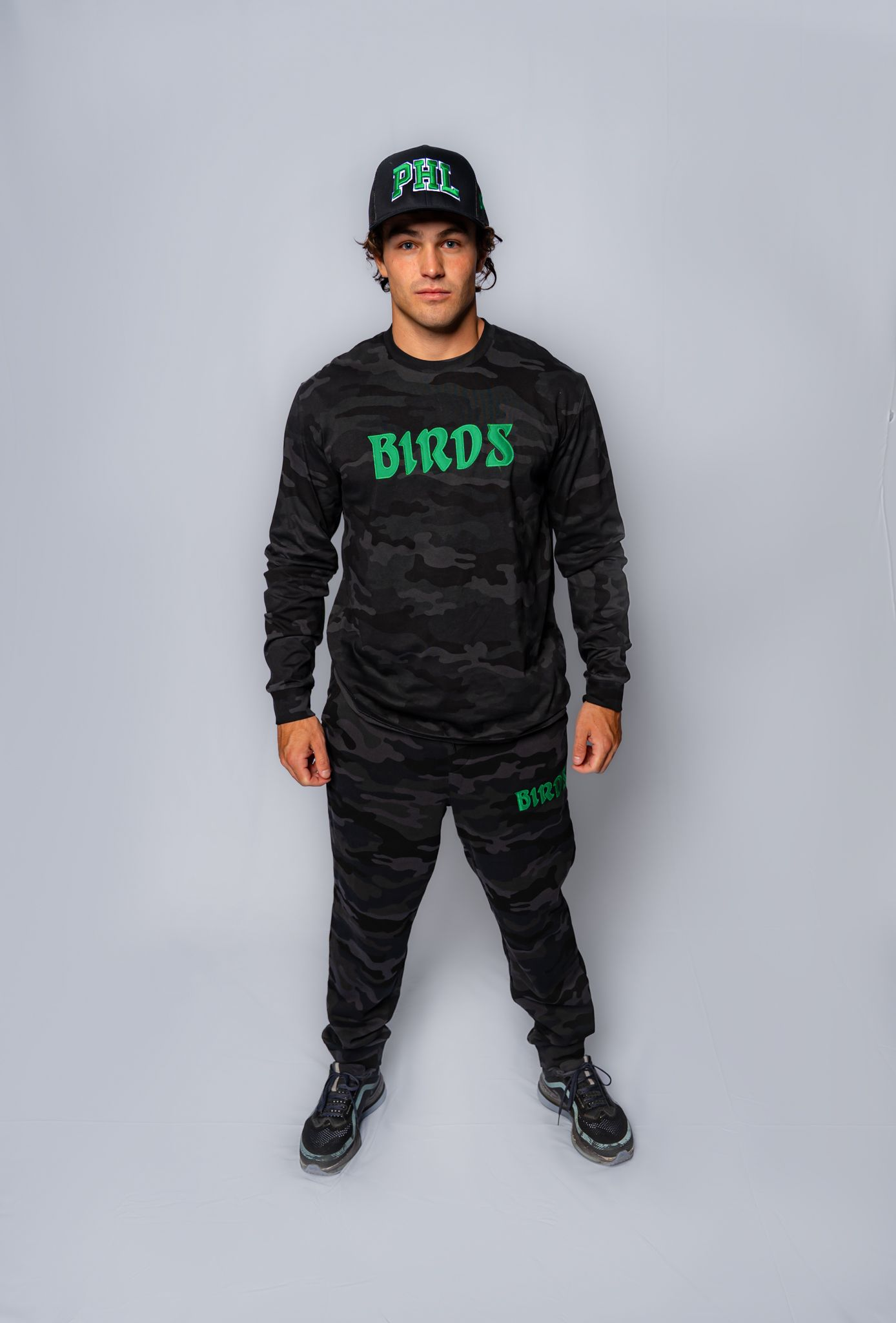 Black Camo Long Sleeve Tee with Sewn-On BIRDS