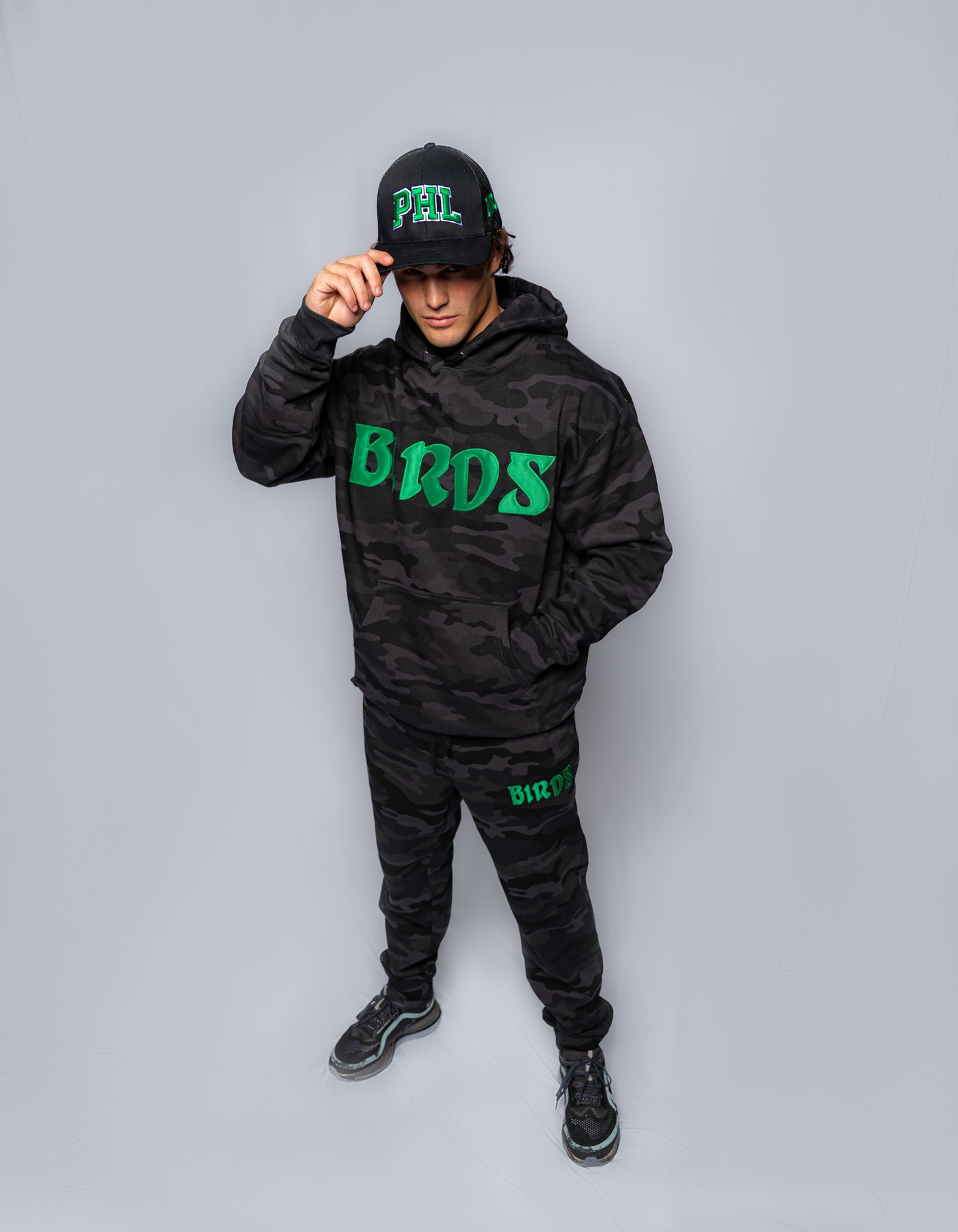 Black Camo Hoodie with Sewn-On BIRDS