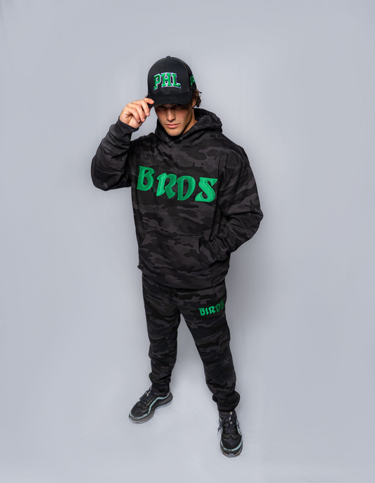 Black Camo Hoodie with Sewn-On BIRDS