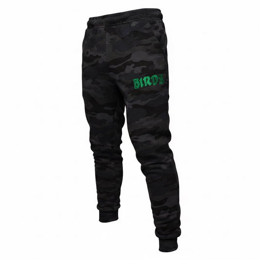 Black Camo Joggers with Sewn-On BIRDS