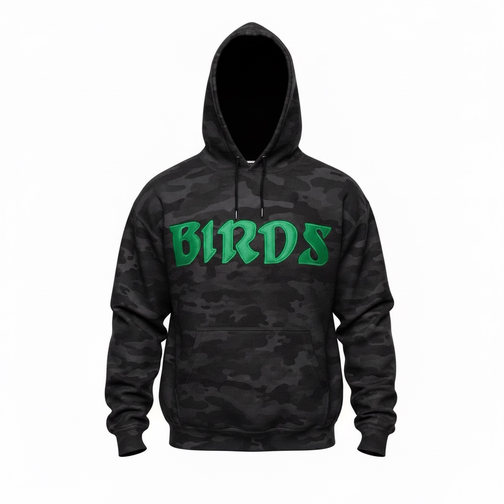 Black Camo Hoodie with Sewn-On BIRDS