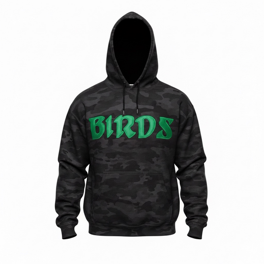Black Camo Hoodie with Sewn-On BIRDS