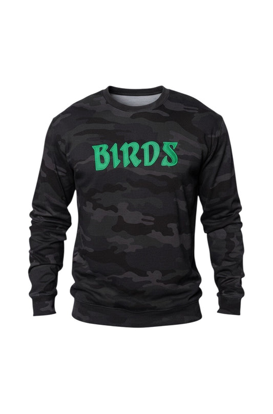 Black Camo Long Sleeve Tee with Sewn-On BIRDS