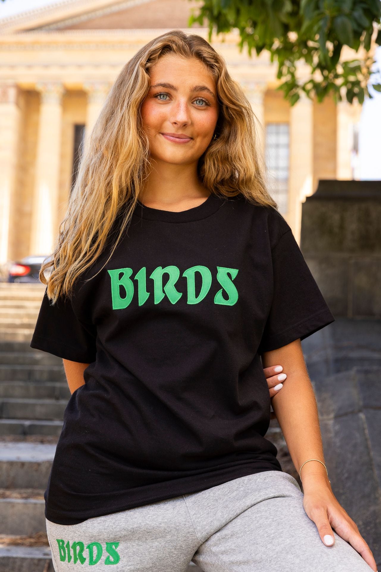 Black Retro Tee with Sewn-On BIRDS