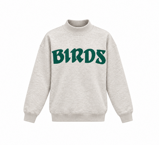 Women's Oatmeal BIRDS Oversized Mock Neck Crew with Forest Green Twill Lettering
