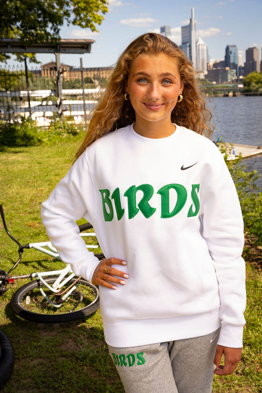 White Retro Nike Crew with Sewn-On BIRDS