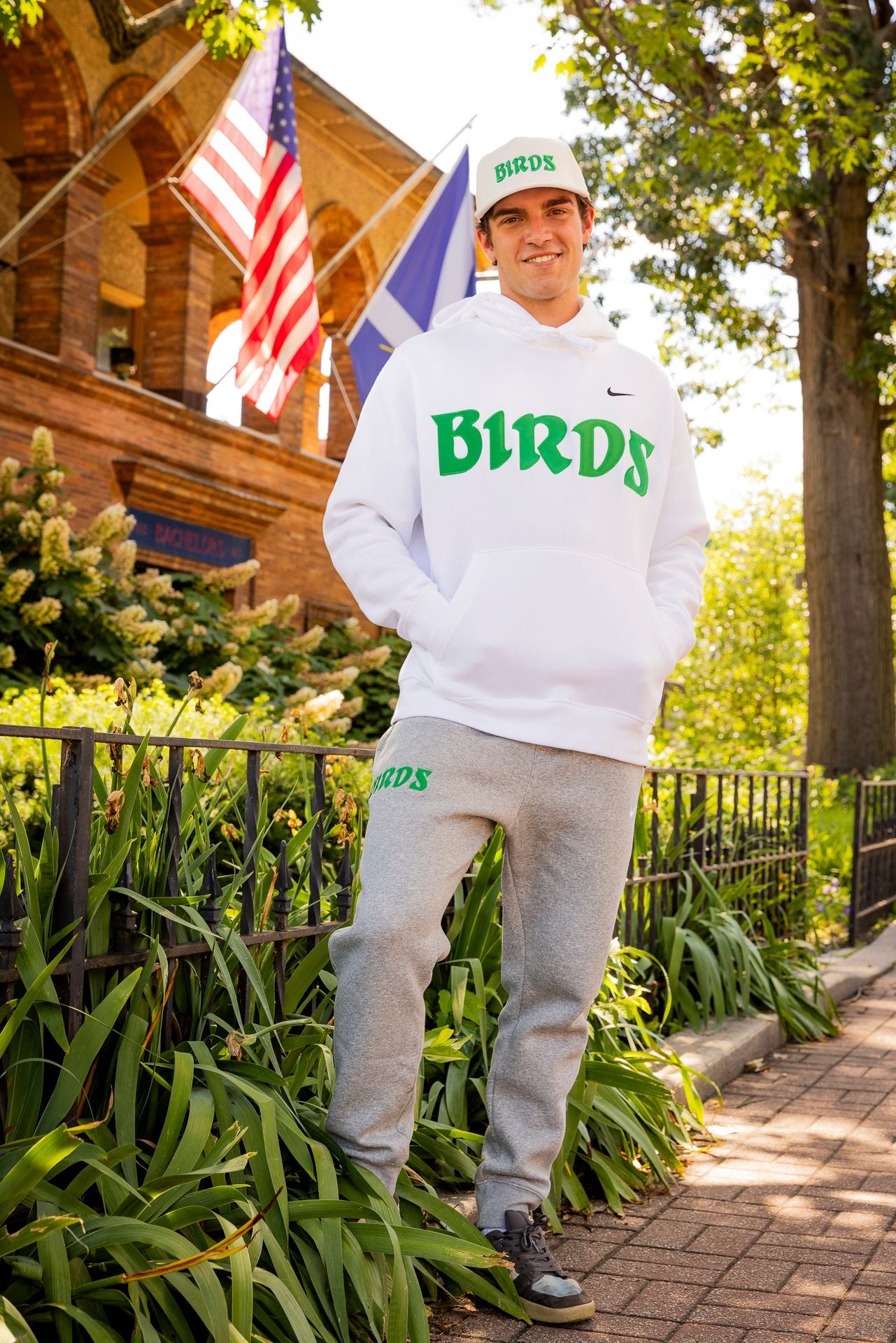 White Retro Nike Hoodie with Sewn-On BIRDS – Birds Apparel